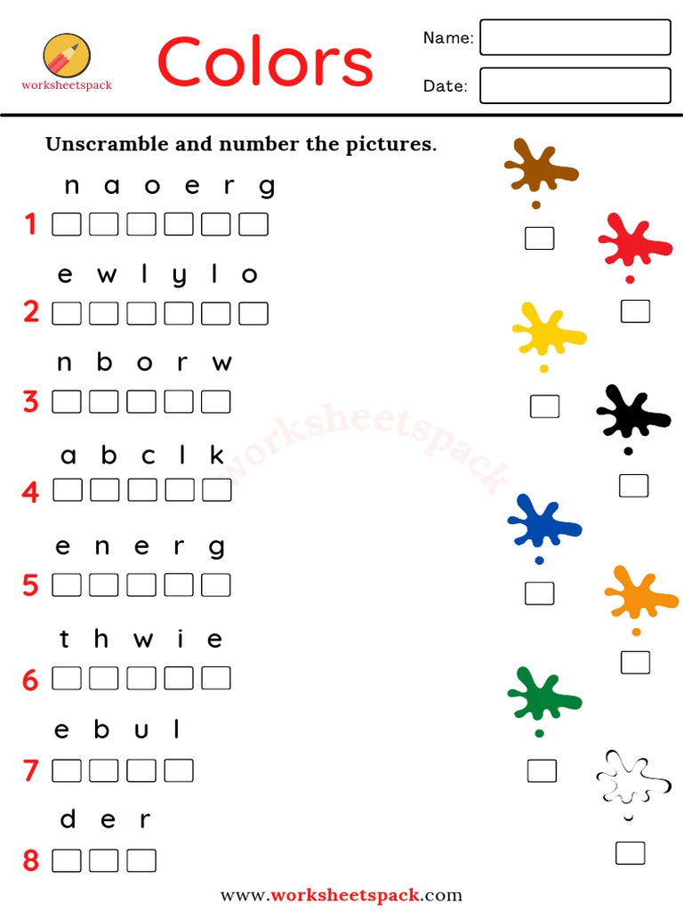 Word scramble worksheets pack colors unscramble and match the words with pictures pdf