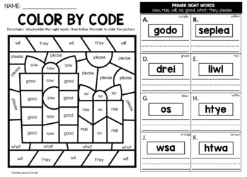 Christmas color by sight word unscramble the word worksheets primer