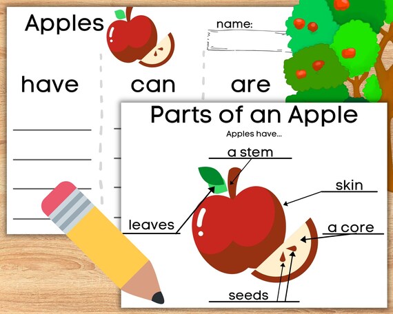 Apple writing center with informative writing prompt and leveled lined paper and apple coloring pages for kids and teachers students