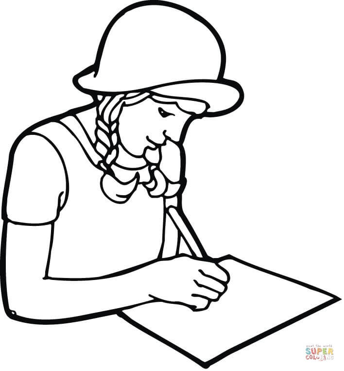 A girl student writing on paper coloring page free printable coloring pages