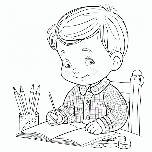 Premium ai image coloring page of a boy writing a book with pencils generative ai