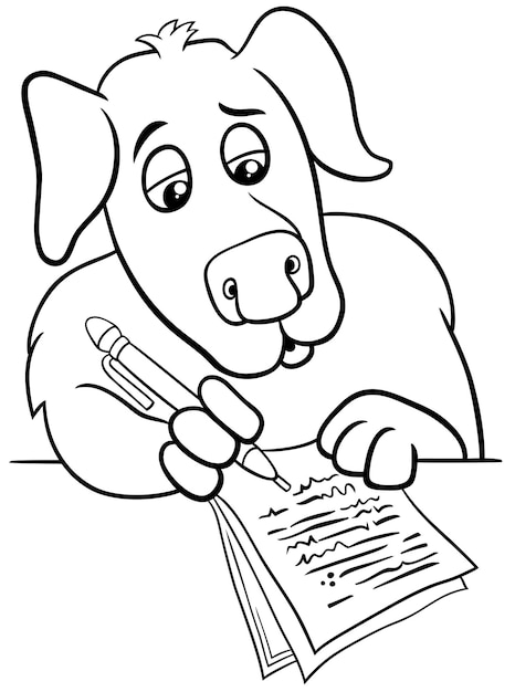 Premium vector cartoon writer or poet dog writting on paper coloring page