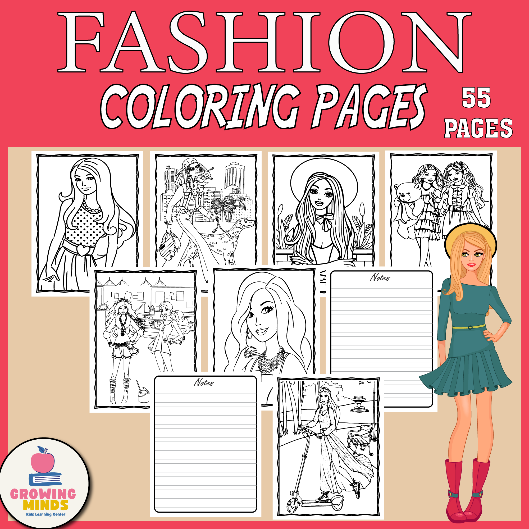 Fashion coloring pages writing notes