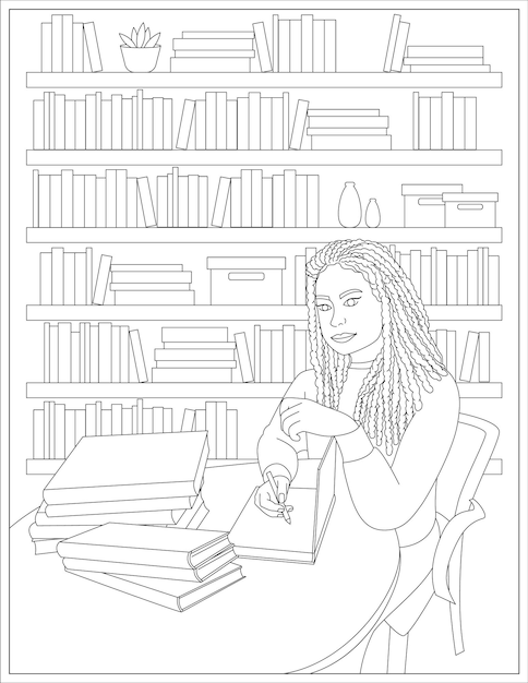 Premium vector coloring page of black woman writer with pen writing an autograph in her book isolated on white back