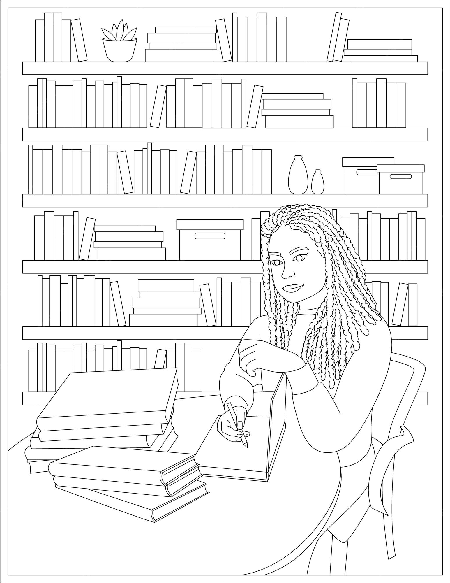 Premium vector coloring page of black woman writer with pen writing an autograph in her book isolated on white back