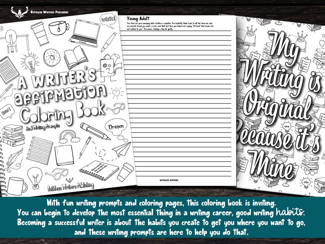 A writers affirmation coloring pages with writing prompts workbook bat writers block writers writing prompts fun fiction write