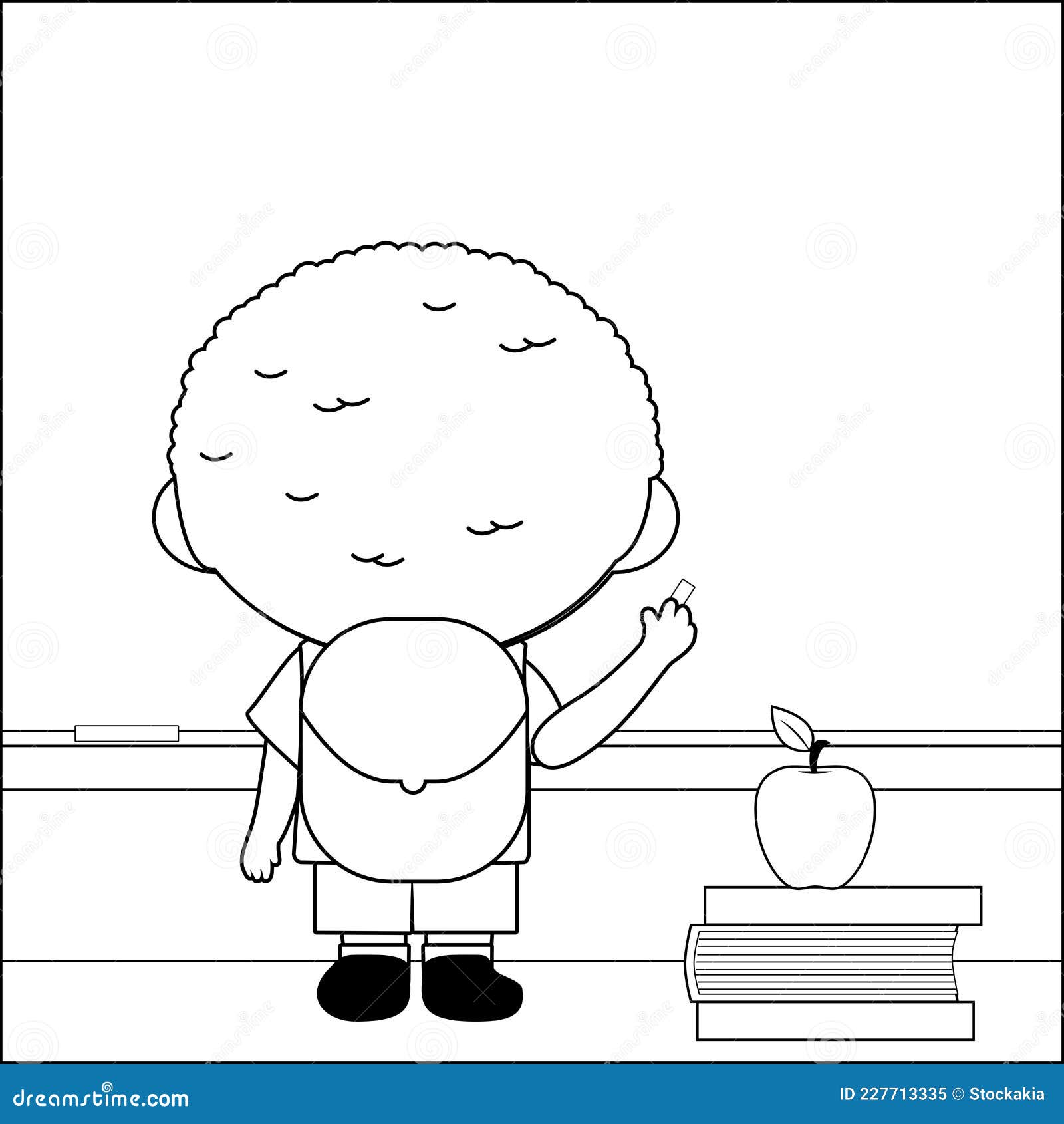 Boy student at school writing on the chalkboard vector black and white coloring page stock vector