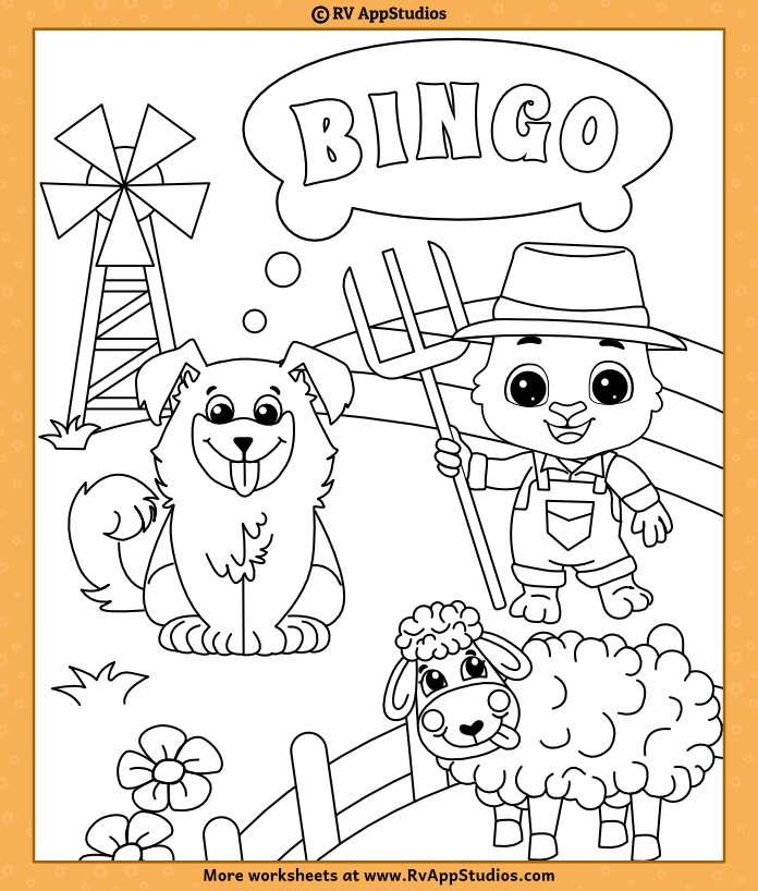 Bingo kids song coloring sheet for children to color free coloring printable for kids