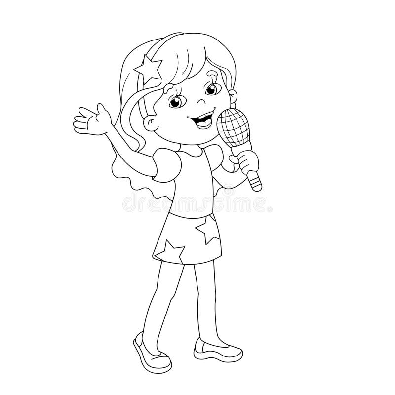 Coloring page outline of cartoon girl singing a song stock vector