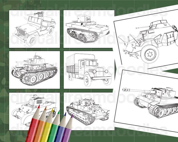 Tank coloring book printable pdf army jeep coloring book military truck coloring pages armored battle tank instant digital download