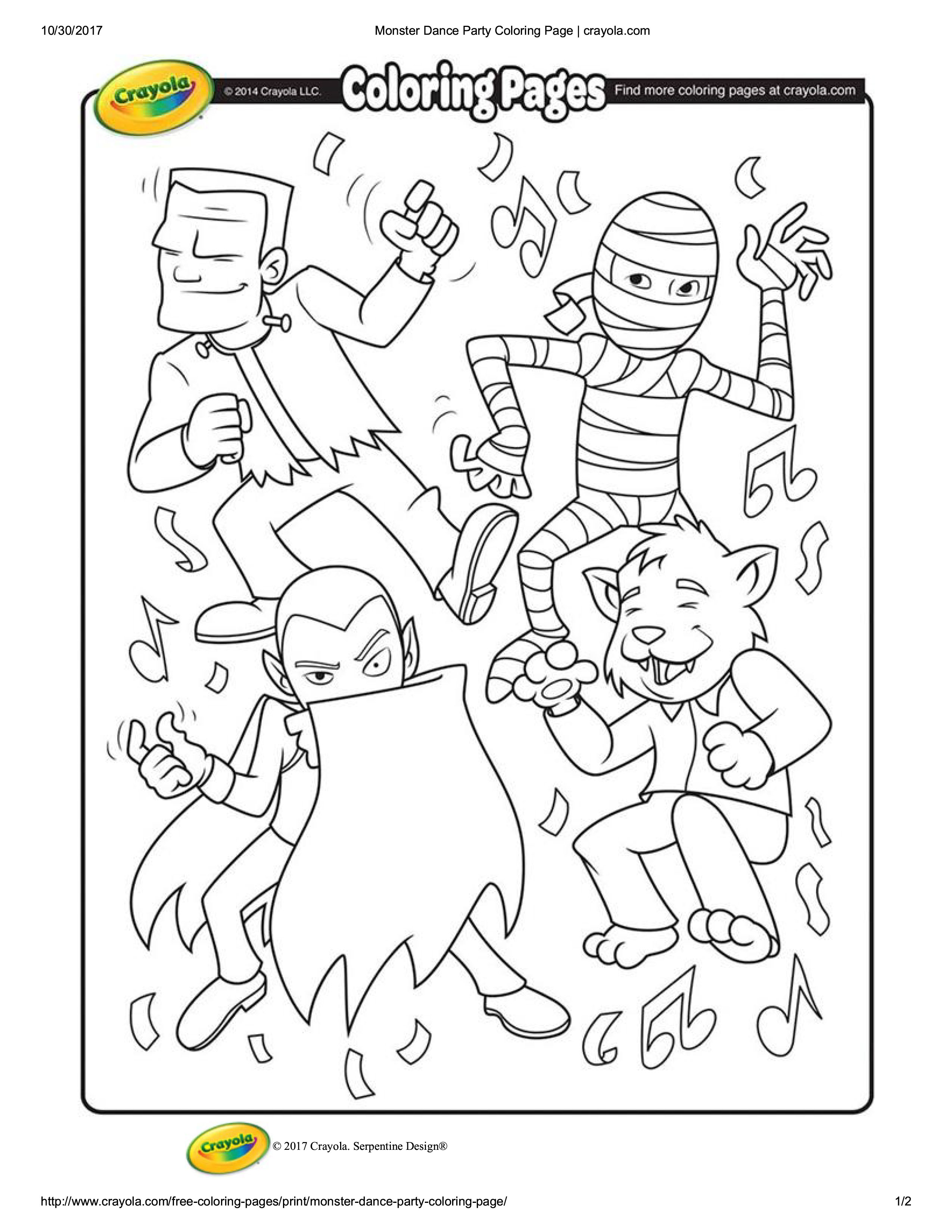 Monster dance party coloring page crayola david wi fong md