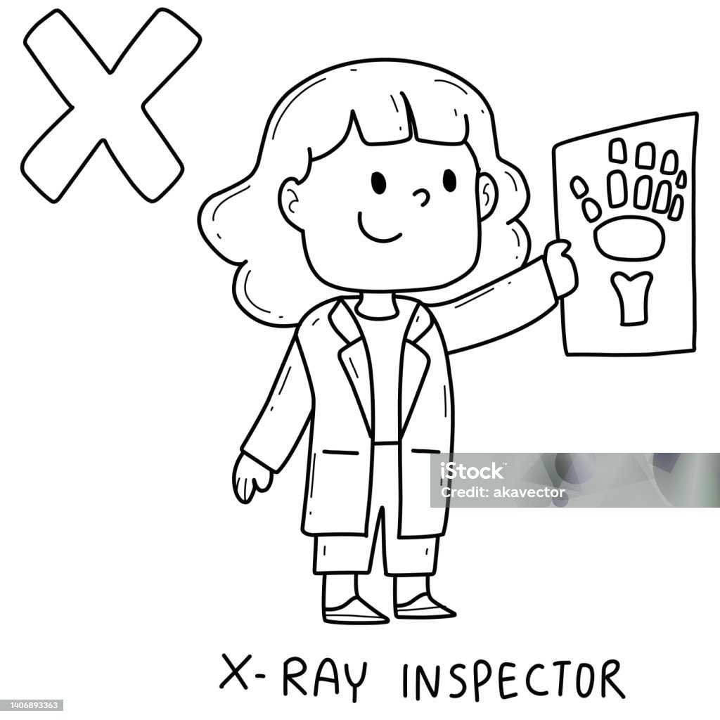 Alphabet occupation xray inspector coloring book with word stock illustration