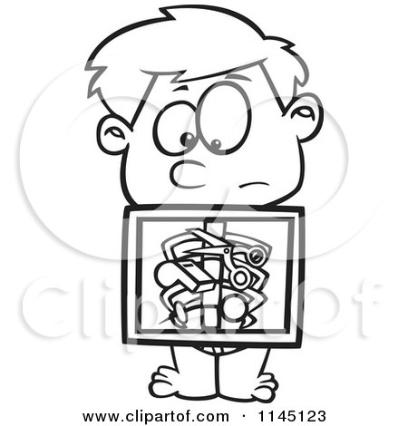 Cartoon clipart of a black and white boy with an xray showing swallowed items