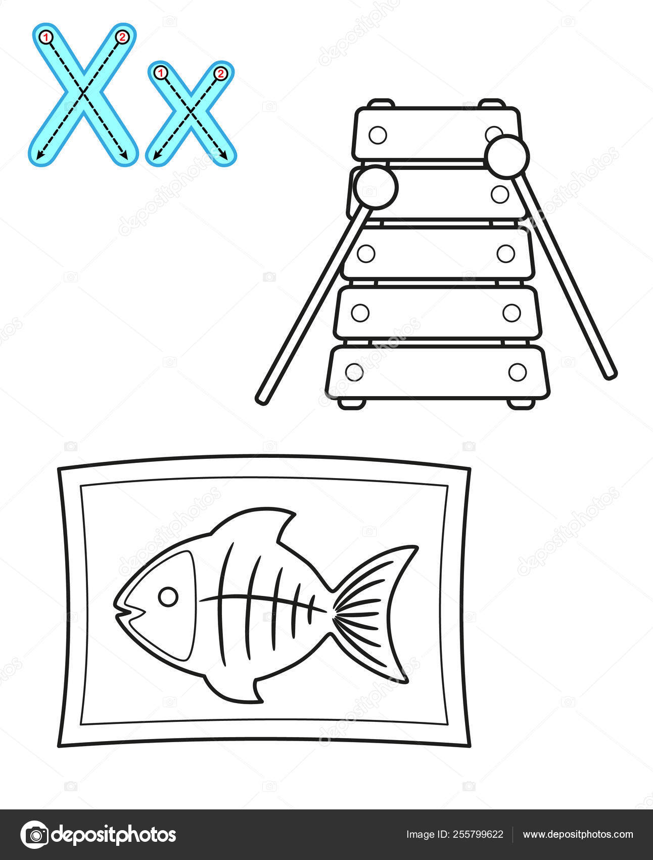 Printable coloring page for kindergarten and preschool card for study english vector coloring book alphabet letter x xylophone x