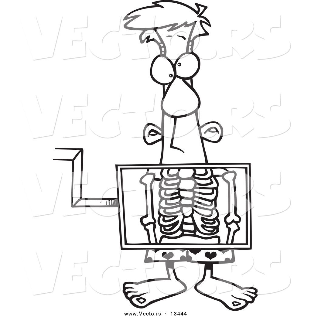 R of a cartoon man standing behind an xray machine