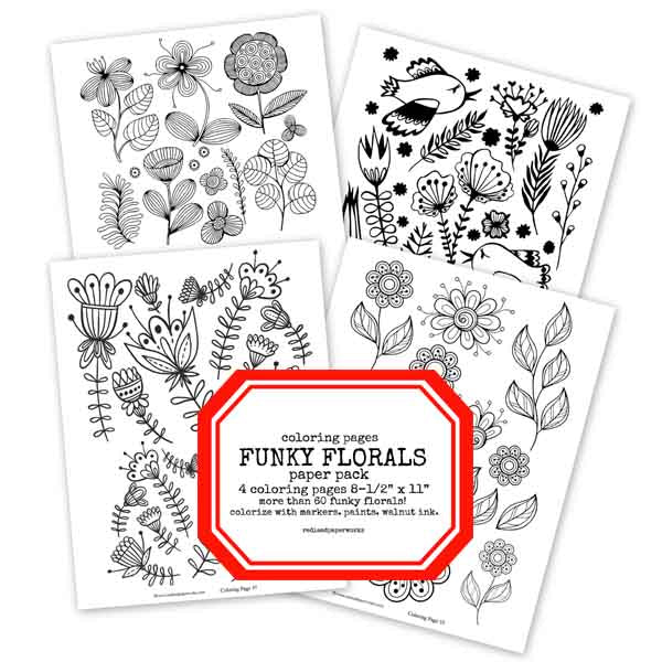 Funky florals coloring pages collage sheets paper pack