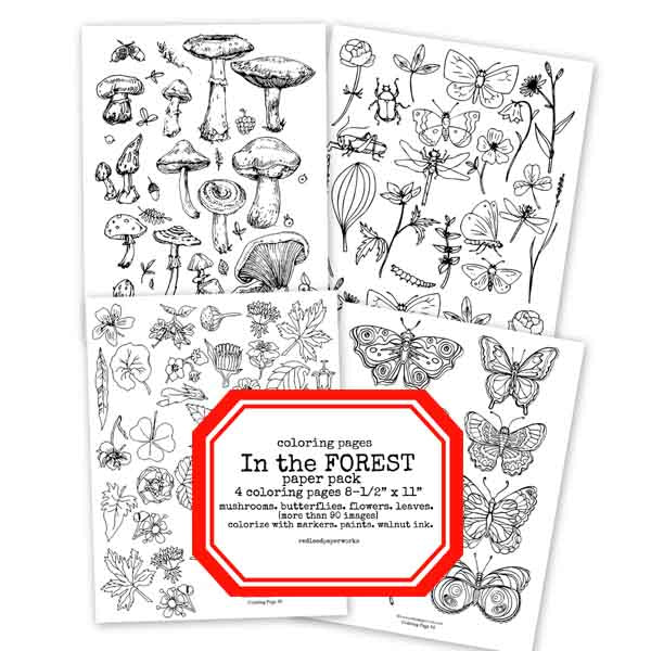 In the forest coloring pages collage sheets paper pack