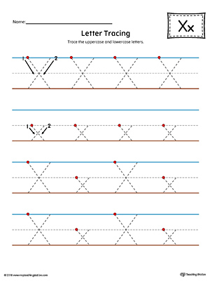 Letter x tracing and writing printable worksheet color