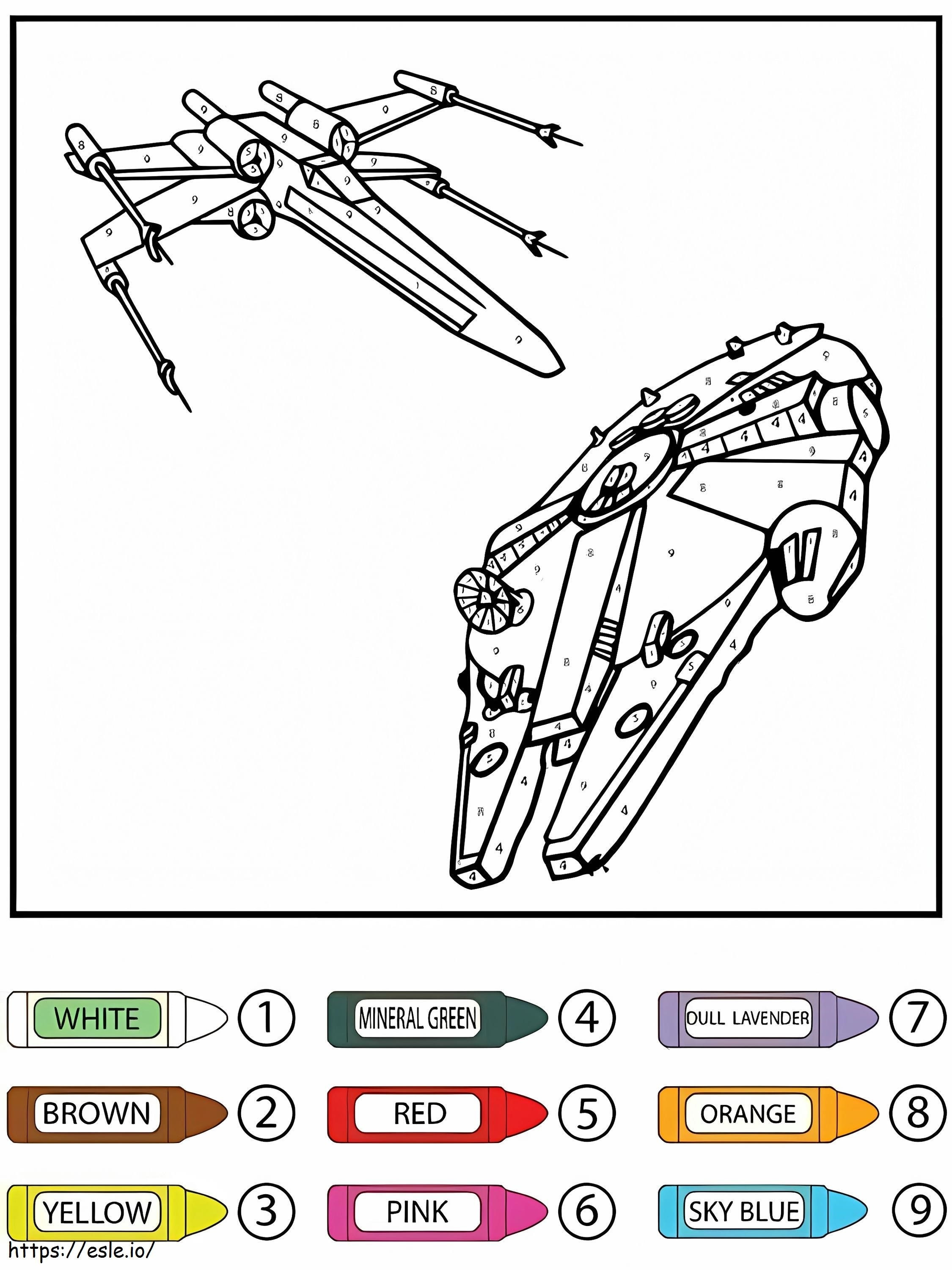 Star wars x wing starfighter and millennium falcon color by number coloring page