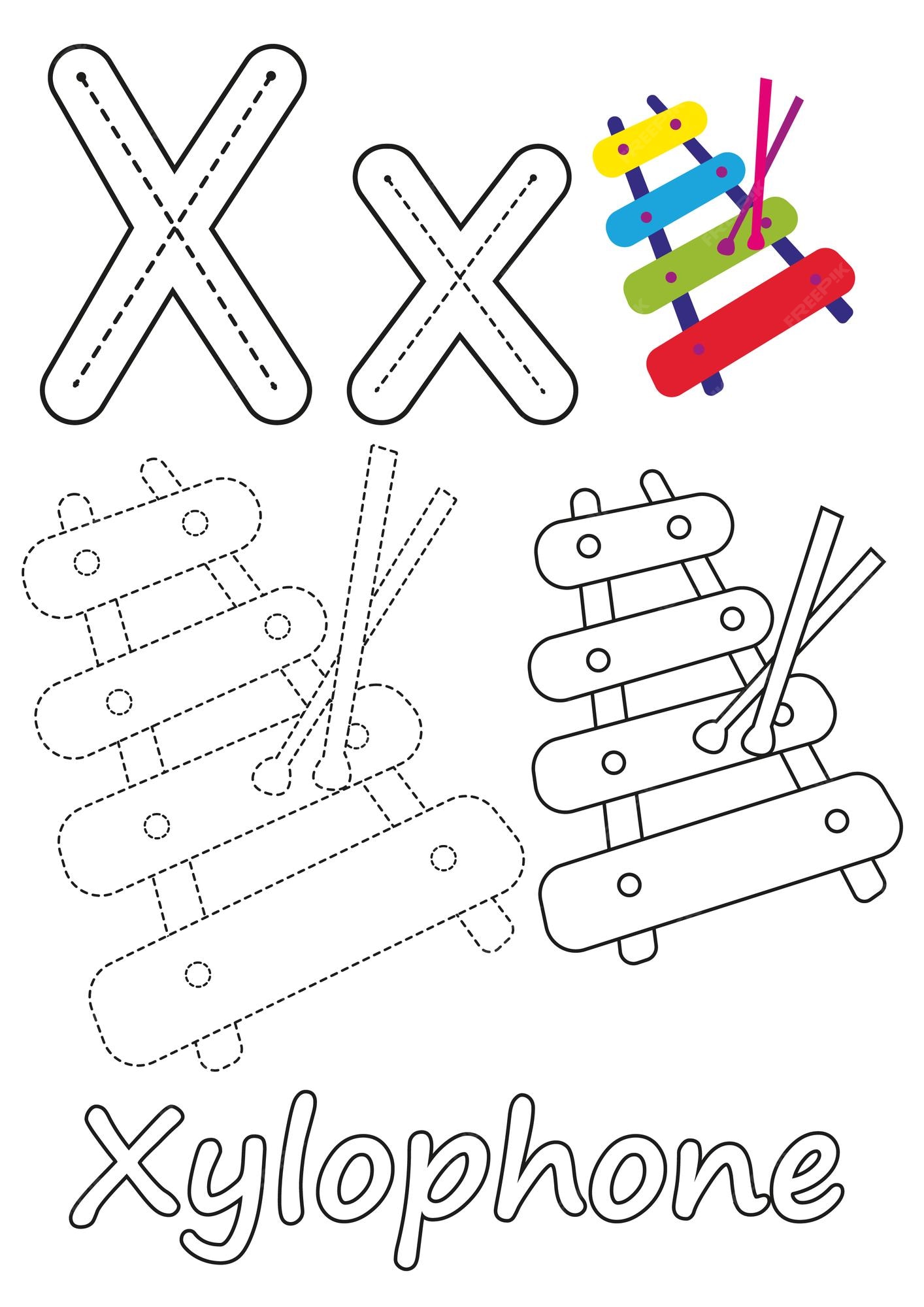 Premium vector coloring pages of xylophone and the letter x suitable for use in childrens coloring books