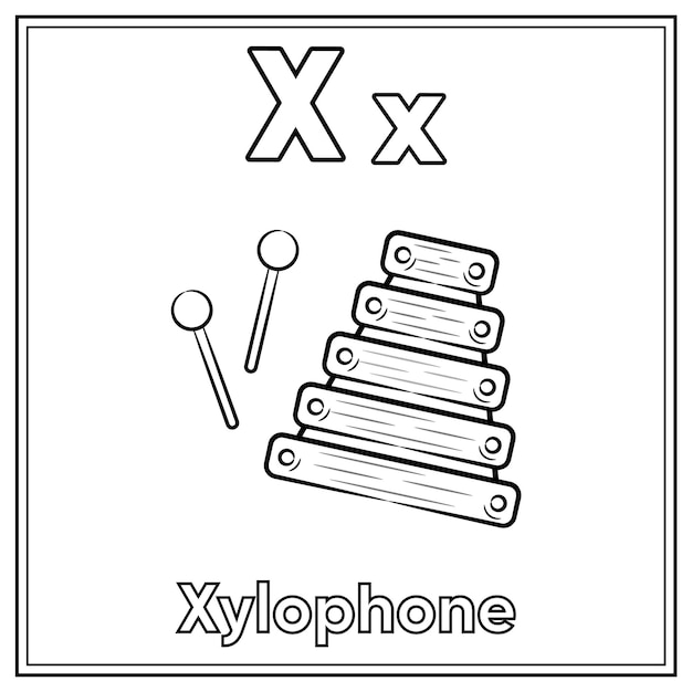 Premium vector alphabet flashcard letter x with cute xylophone drawing sketch for coloring