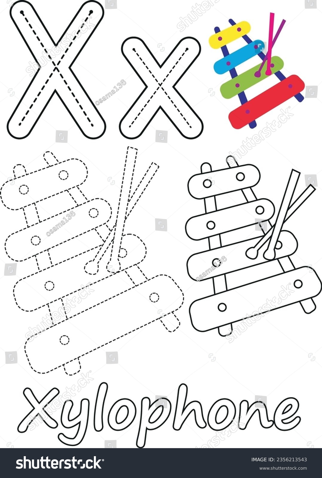 Coloring pages xylophone letter x suitable stock vector royalty free