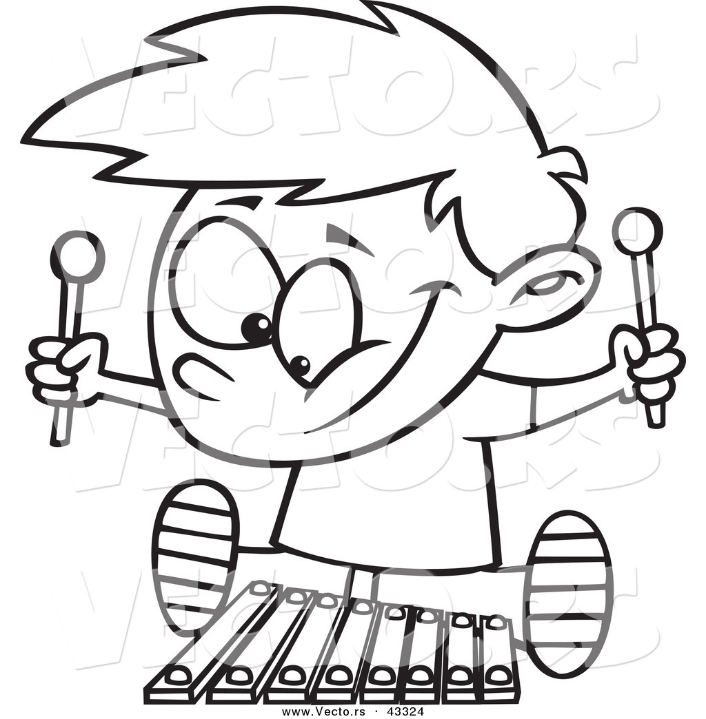 R of a happy cartoon boy playing a xylophone