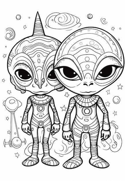 Premium photo a coloring page with two alien characters and a space ship generative ai