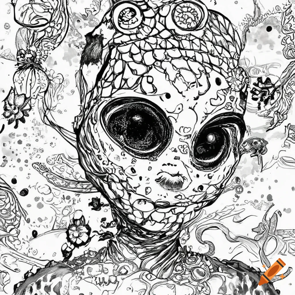 Detailed black and white coloring page of cute aliens in las vegas for a coloring book on