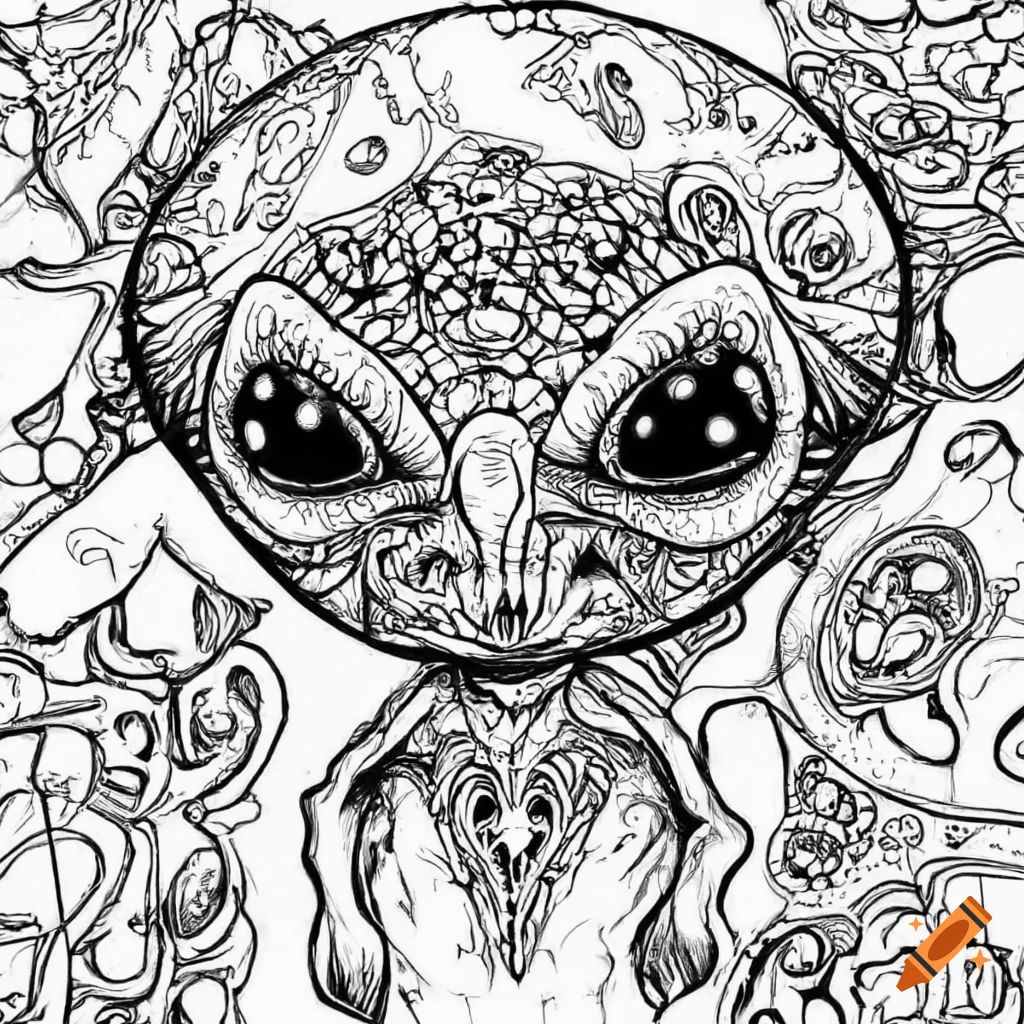 Detailed black and white coloring page of cute aliens in ufo flying over las vegas strip for a coloring book white background on