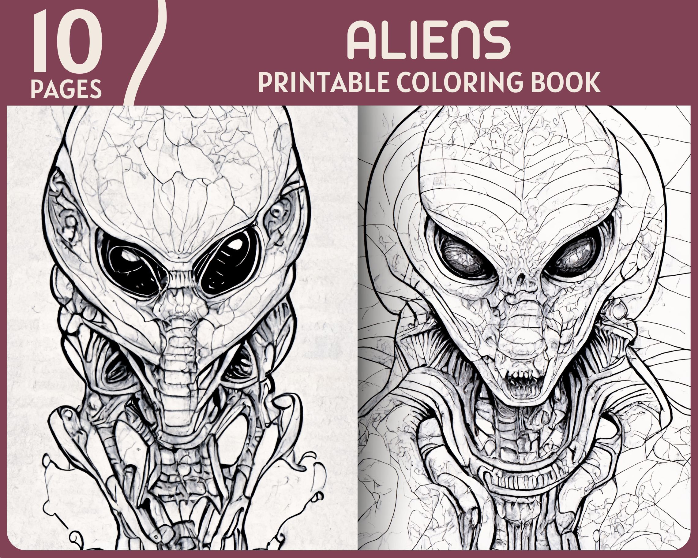 Aliens coloring pages for adults bizarre alien with evil eyes illustrations printable coloring book instant download