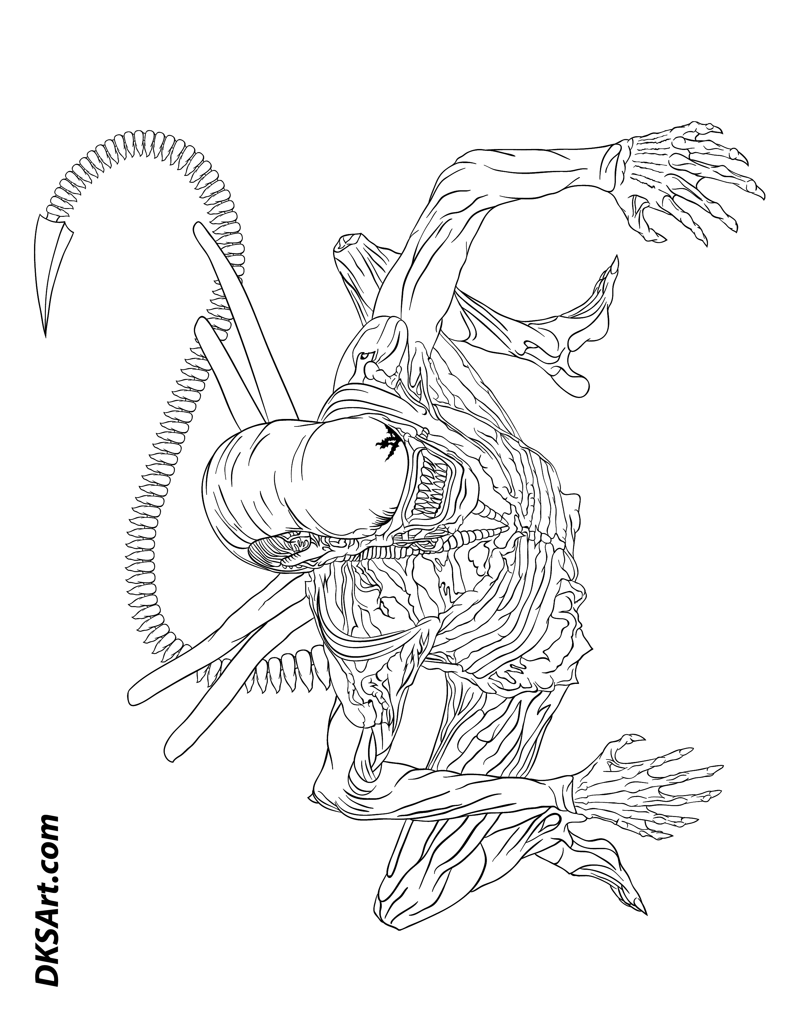 Xenomorph alien line art outline free coloring book page