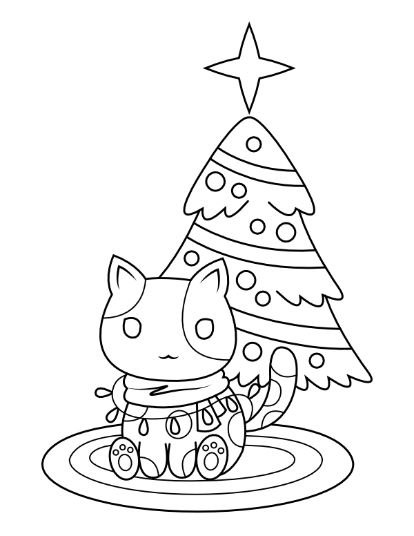 Printable cat and christmas tree coloring page