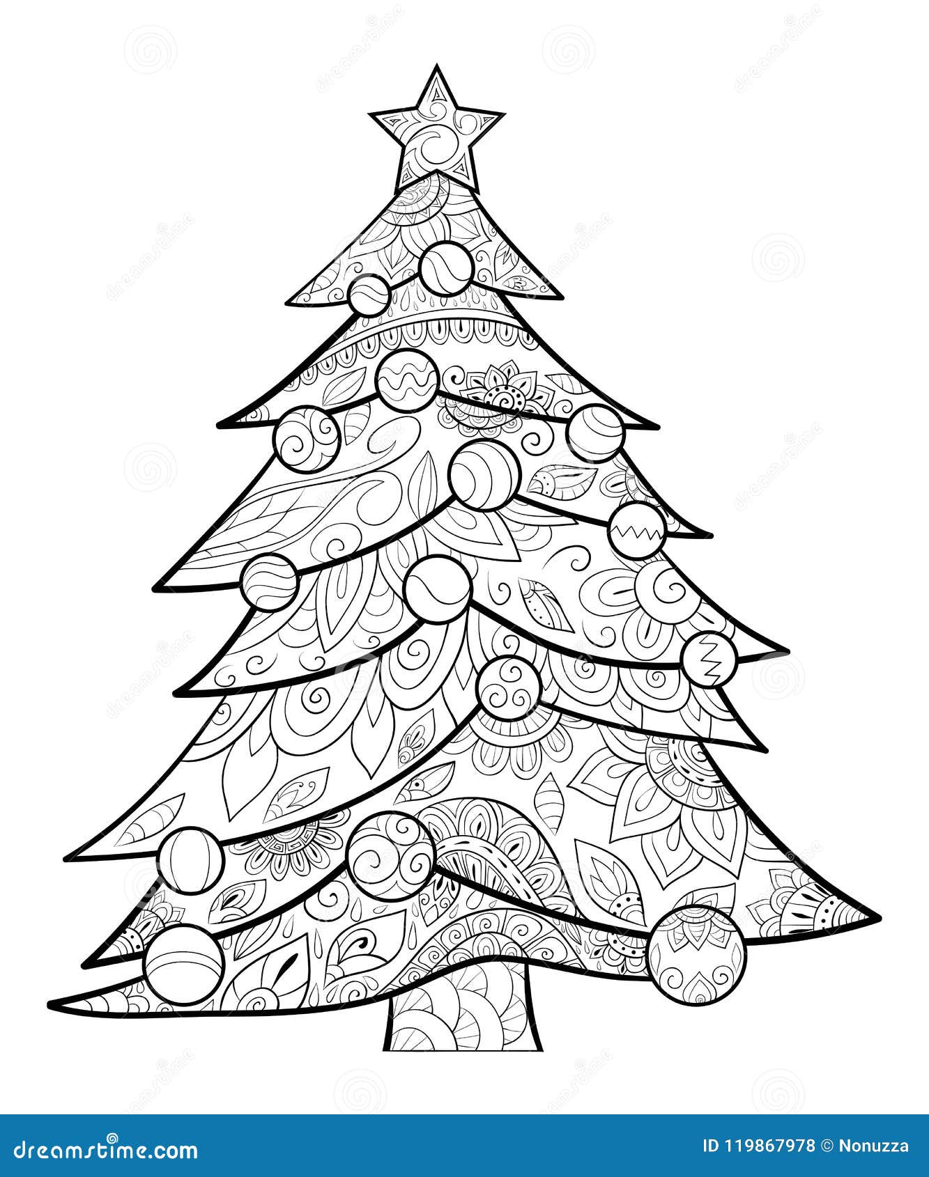 Adult coloring bookpage a christmas tree with decoration ornaments for relaxingzentangle stock vector