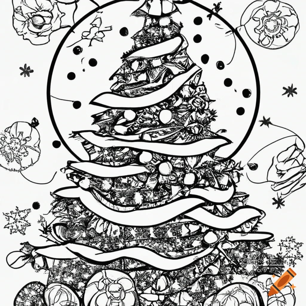 Christmas tree coloring page with ornaments on