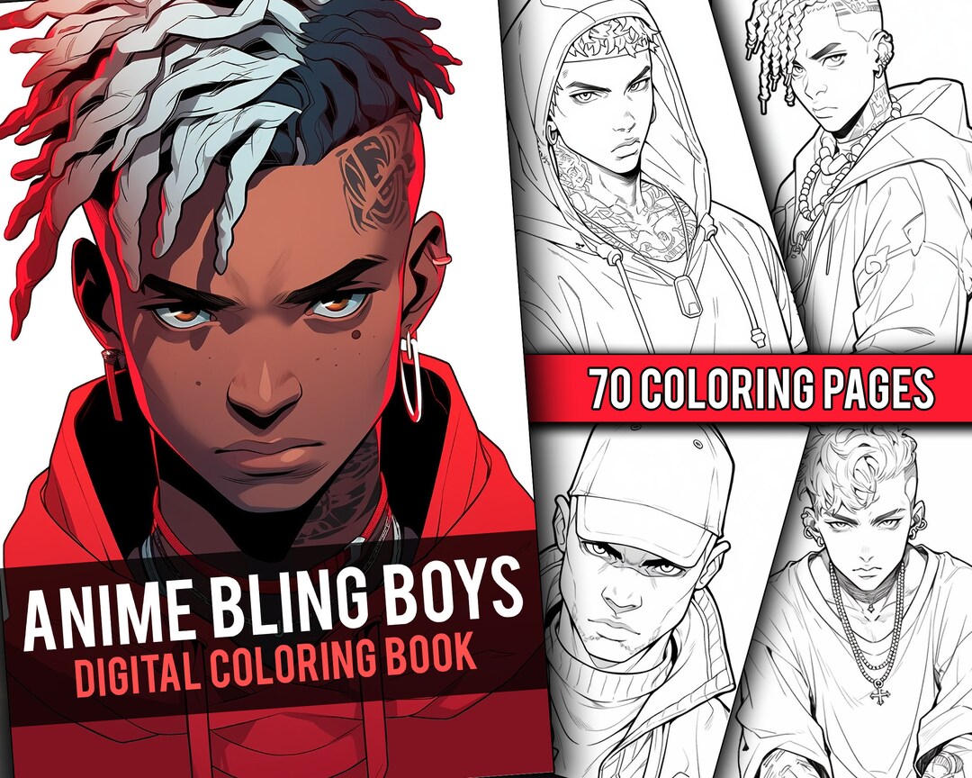 Anime bling boys coloring book page manga fantasy anime coloring pages for adults children instant download printable pdf