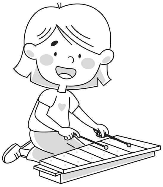 Premium vector the girl plays the xylophone contour black and white illustration for coloring