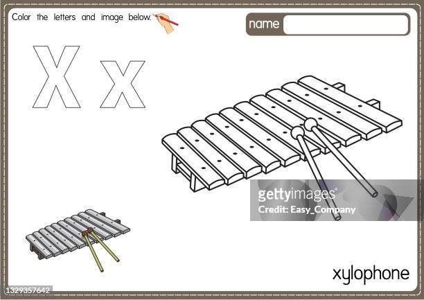 Vector illustration of kids alphabet coloring book page with outlined clip art to color letter x for xylophone high