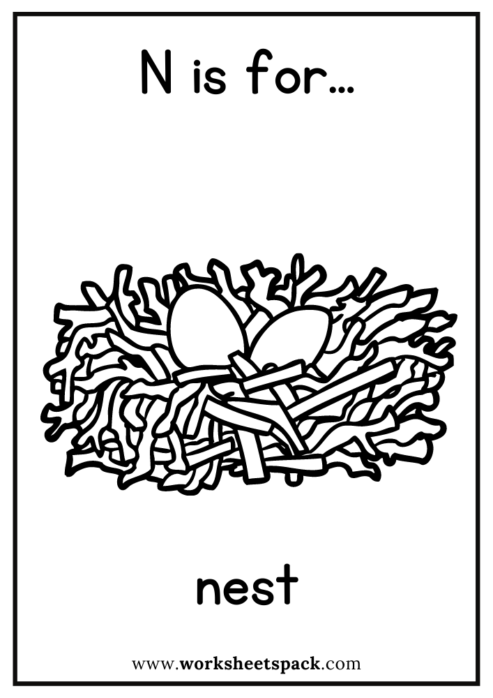 N is for nest coloring page free nest flashcard for kindergarten