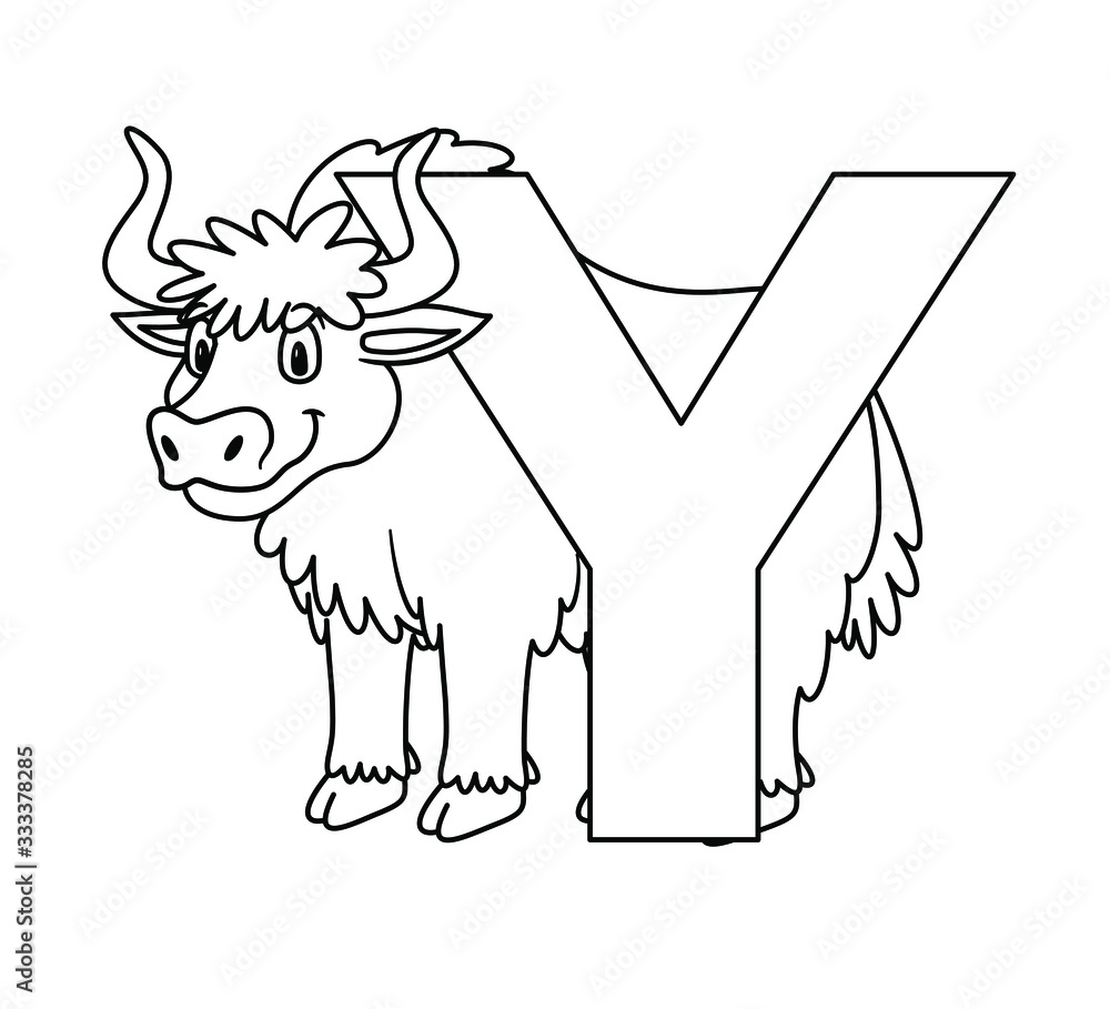 Animal alphabet capital letter y yak vector illustration for pre school education kindergarten and foreign language learning for kids and children coloring page and books zoo topic vector