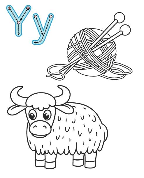 Letter y yak yarn vector coloring book alphabet printable coloring page for kindergarten and preschool stock illustration