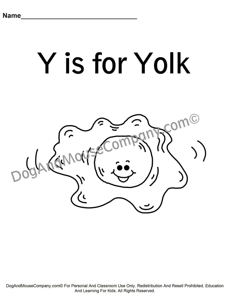 Y is for yolk coloring page learn your abcs worksheet printable d â dog and mouse pany