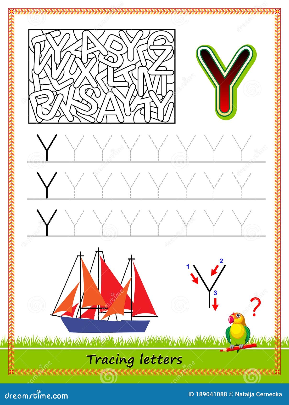 Worksheet for tracing letters find and paint all letters y kids activity sheet educational page for children coloring book stock vector