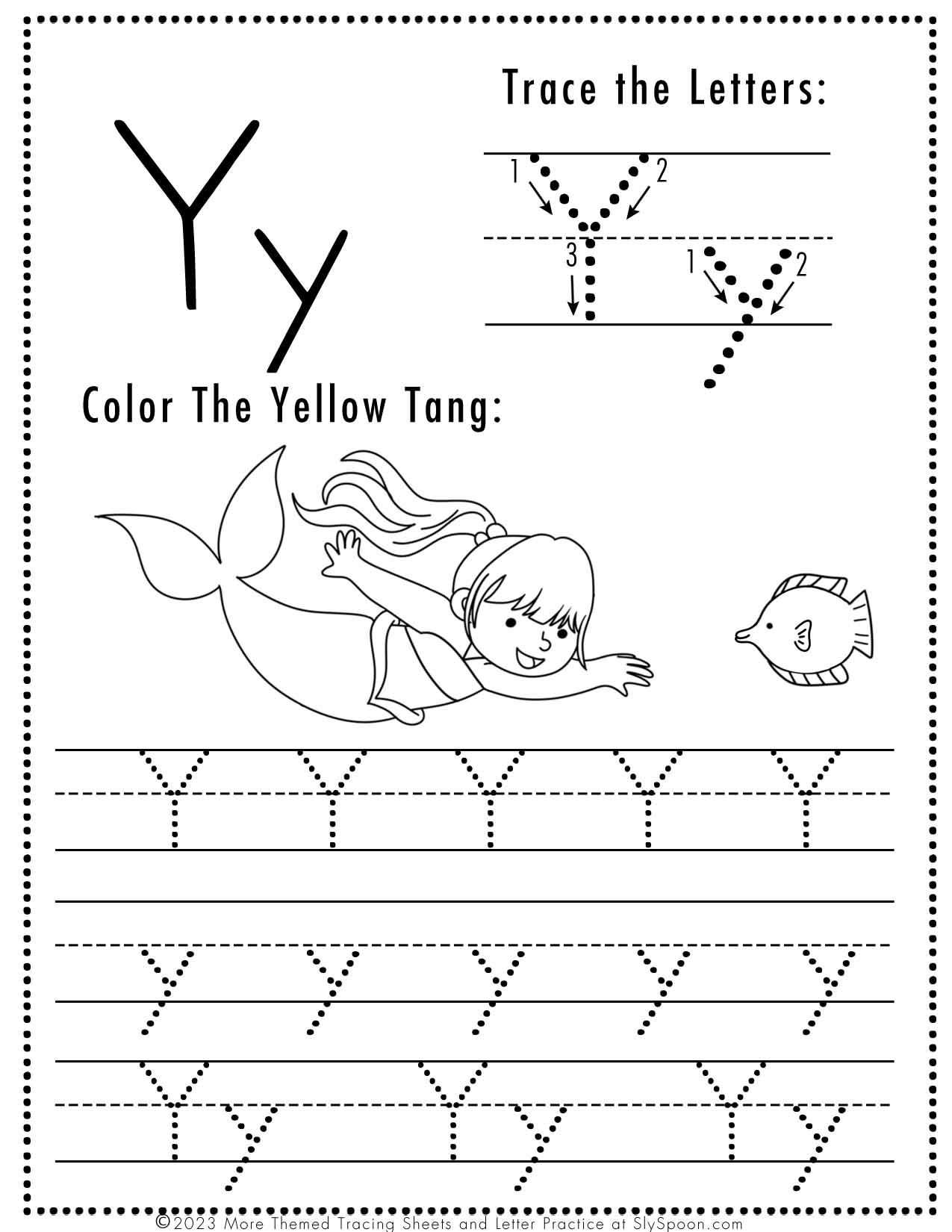 Free letter y tracing worksheet printable mermaid themed