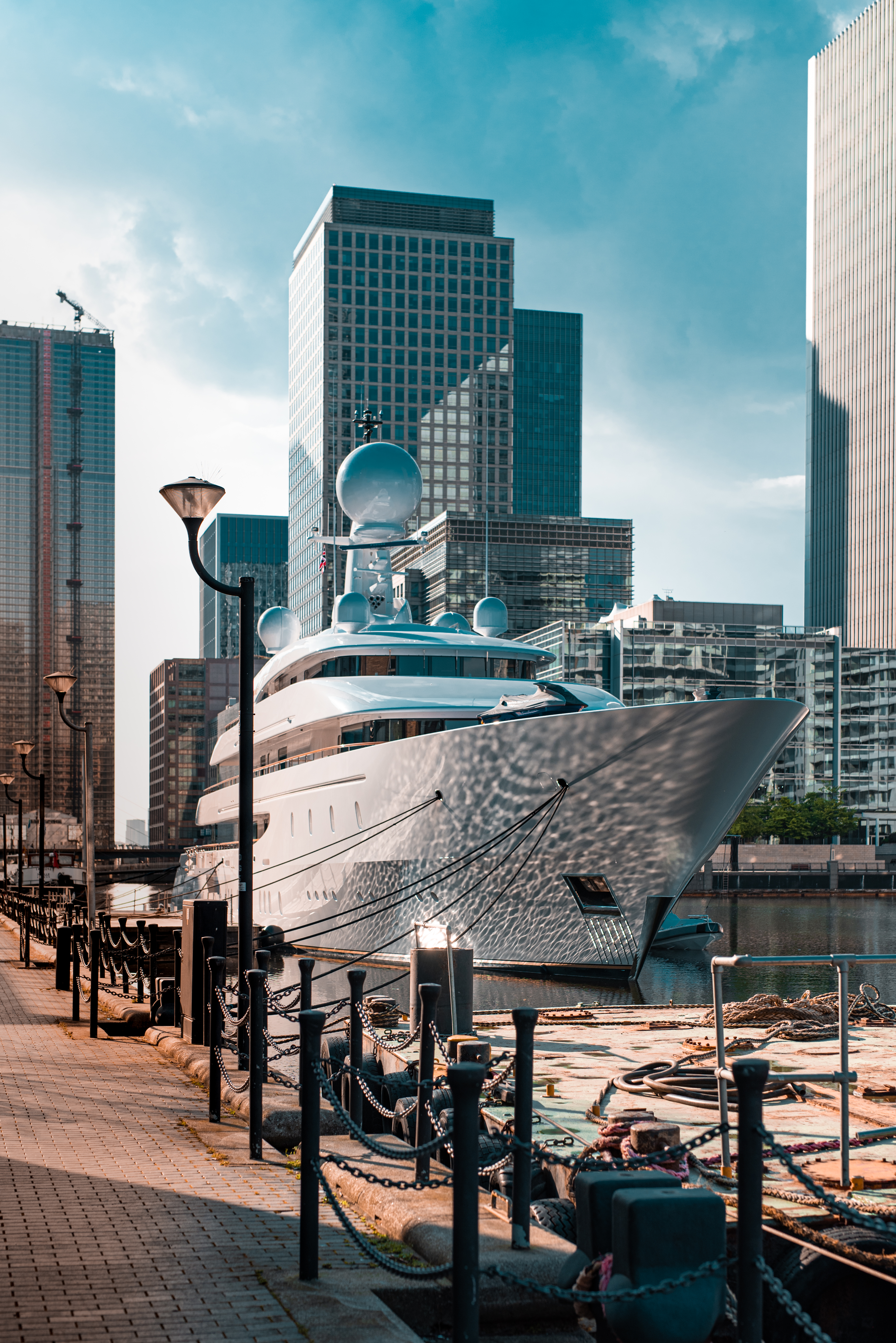 Luxury mega yacht in london harbor free stock photo