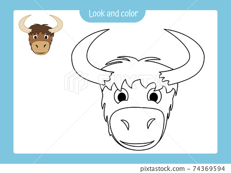 Coloring page outline of yak with colored