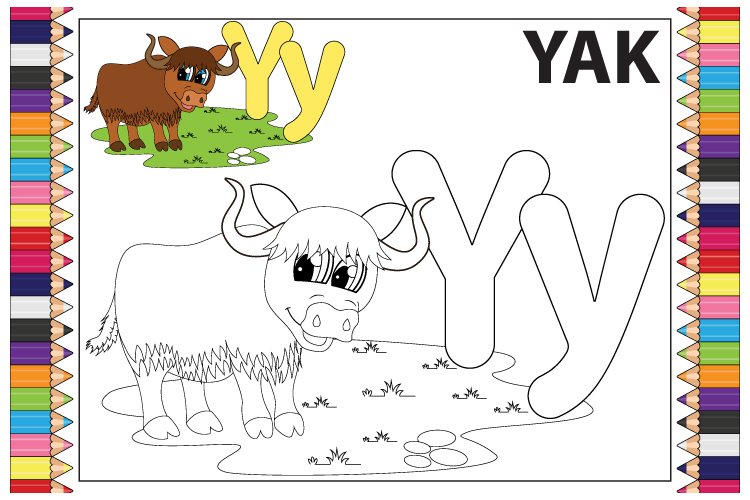 Coloring the letter y for children with cute yak