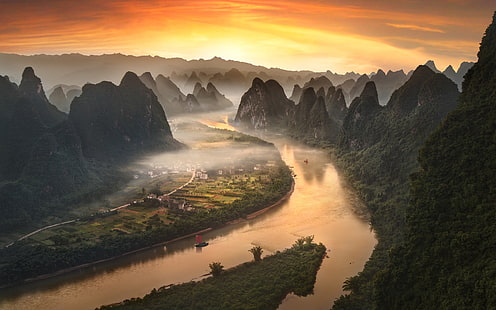 Li river cha near xgpg village the field yangshuo sunset flamg sky landscape hd wallpaper for desktop lapâ sky landscape landscape cool landscapes