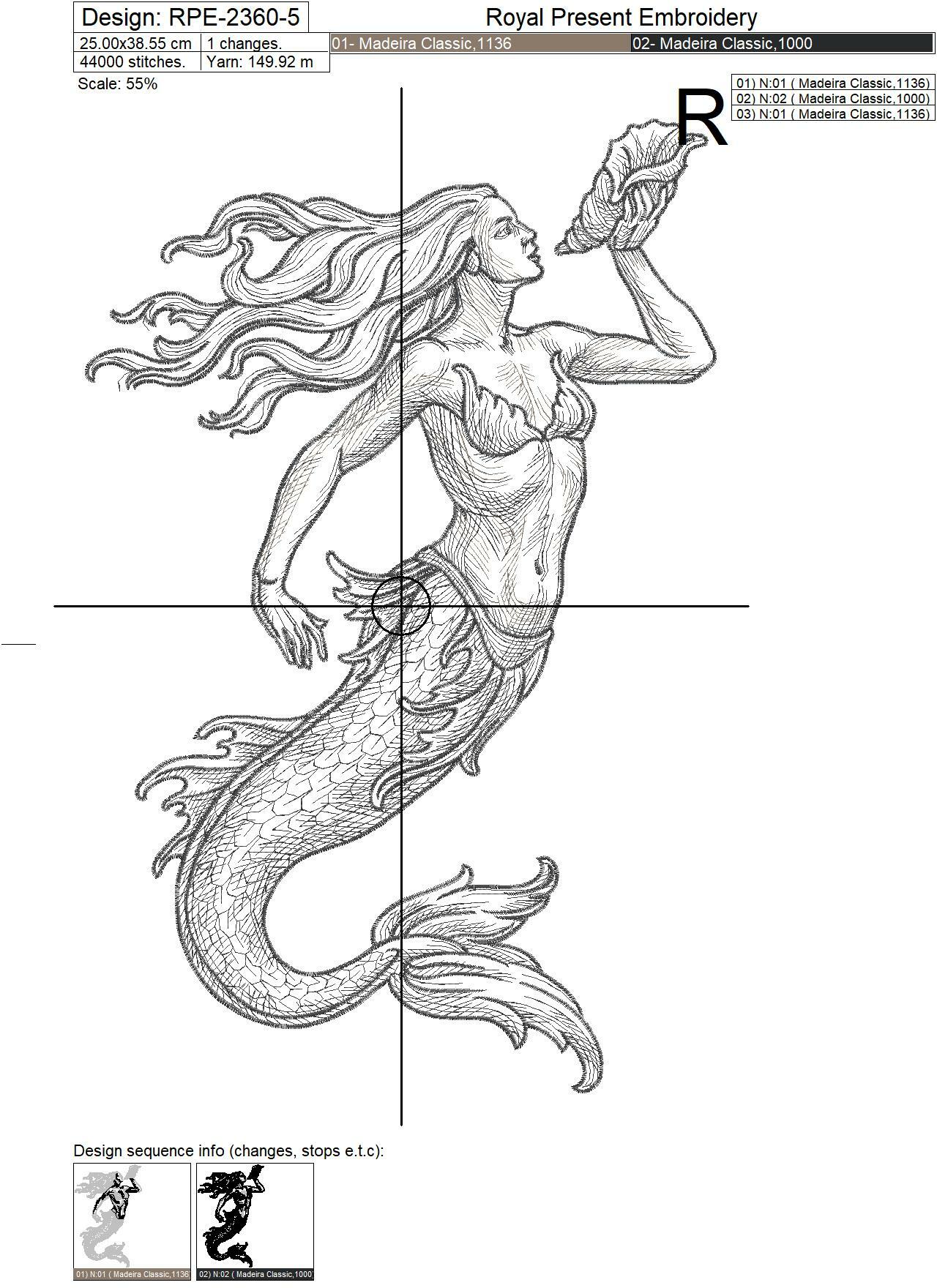 Mermaid with shell machine embroidery design