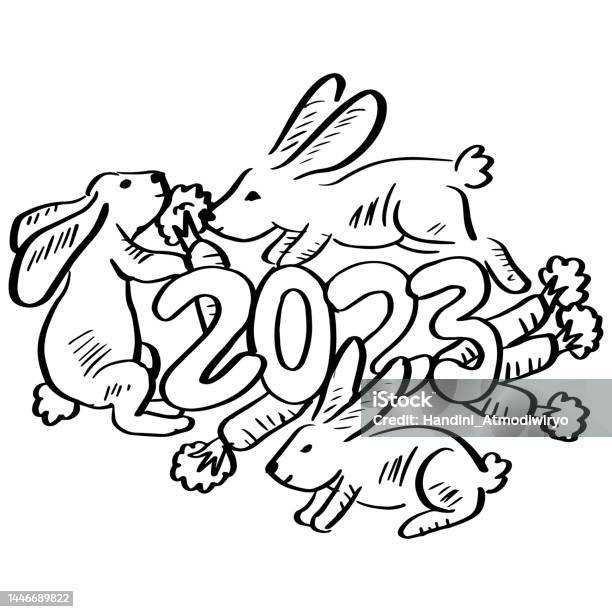 Happy new year with rabbit coloring pages stock illustration